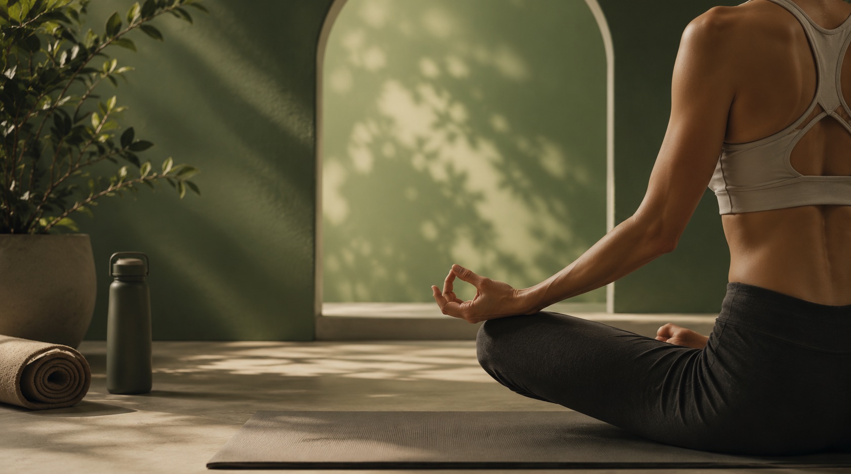 A woman meditating in a calm, sunlit studio